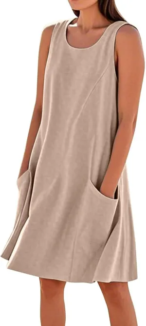 Summer Crinkle Linen Sundress for Women Sleeveless Tank Dress Breathable Beach Wedding Guest & Vacation Dress