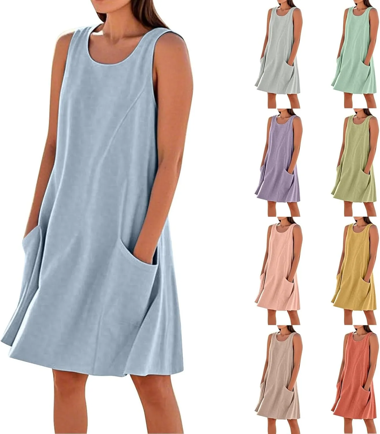Summer Crinkle Linen Sundress for Women Sleeveless Tank Dress Breathable Beach Wedding Guest & Vacation Dress