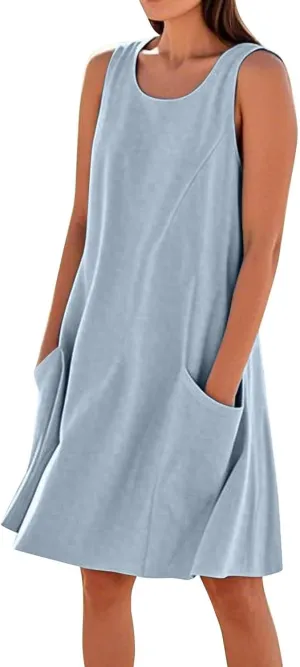 Summer Crinkle Linen Sundress for Women Sleeveless Tank Dress Breathable Beach Wedding Guest & Vacation Dress