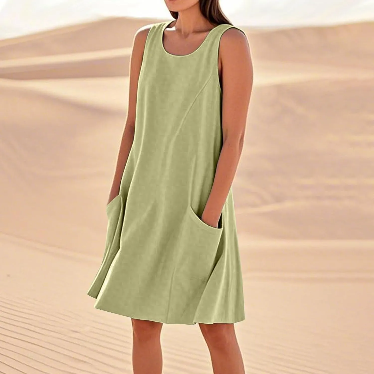 Summer Crinkle Linen Sundress for Women Sleeveless Tank Dress Breathable Beach Wedding Guest & Vacation Dress