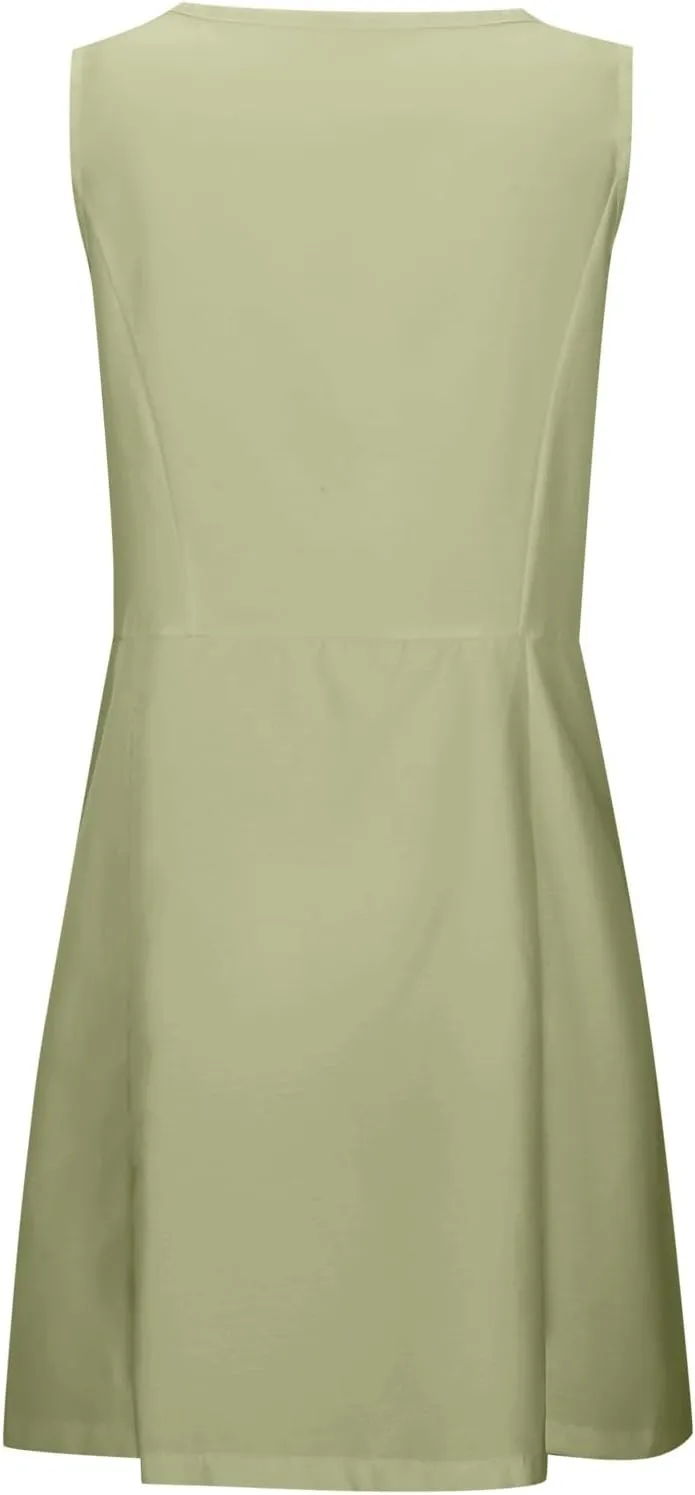 Summer Crinkle Linen Sundress for Women Sleeveless Tank Dress Breathable Beach Wedding Guest & Vacation Dress