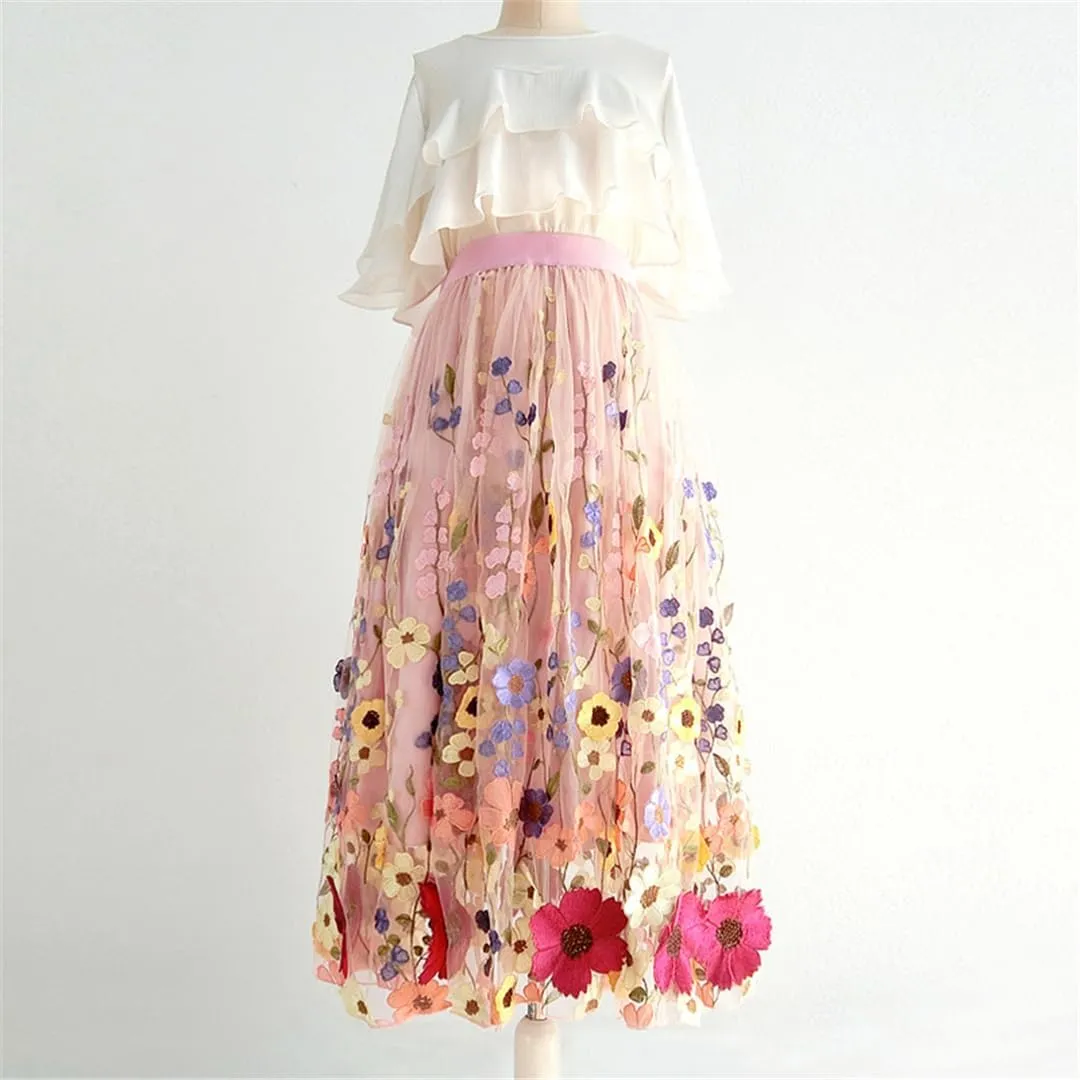 Summer Korean Elegant Women High Waist Floral Pleated Midi Fluffy Tulle Skirt Wedding Skirts