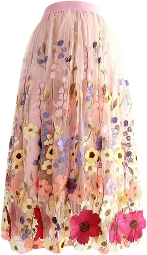 Summer Korean Elegant Women High Waist Floral Pleated Midi Fluffy Tulle Skirt Wedding Skirts