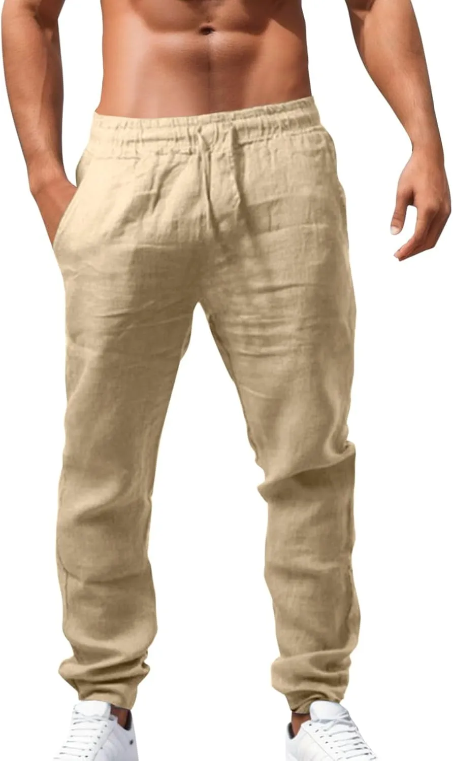 Summer Linen Pants for Men Workout Track Pant Stretch Elastic Waist Classic Fit Trousers Gym Golf Sweatpants