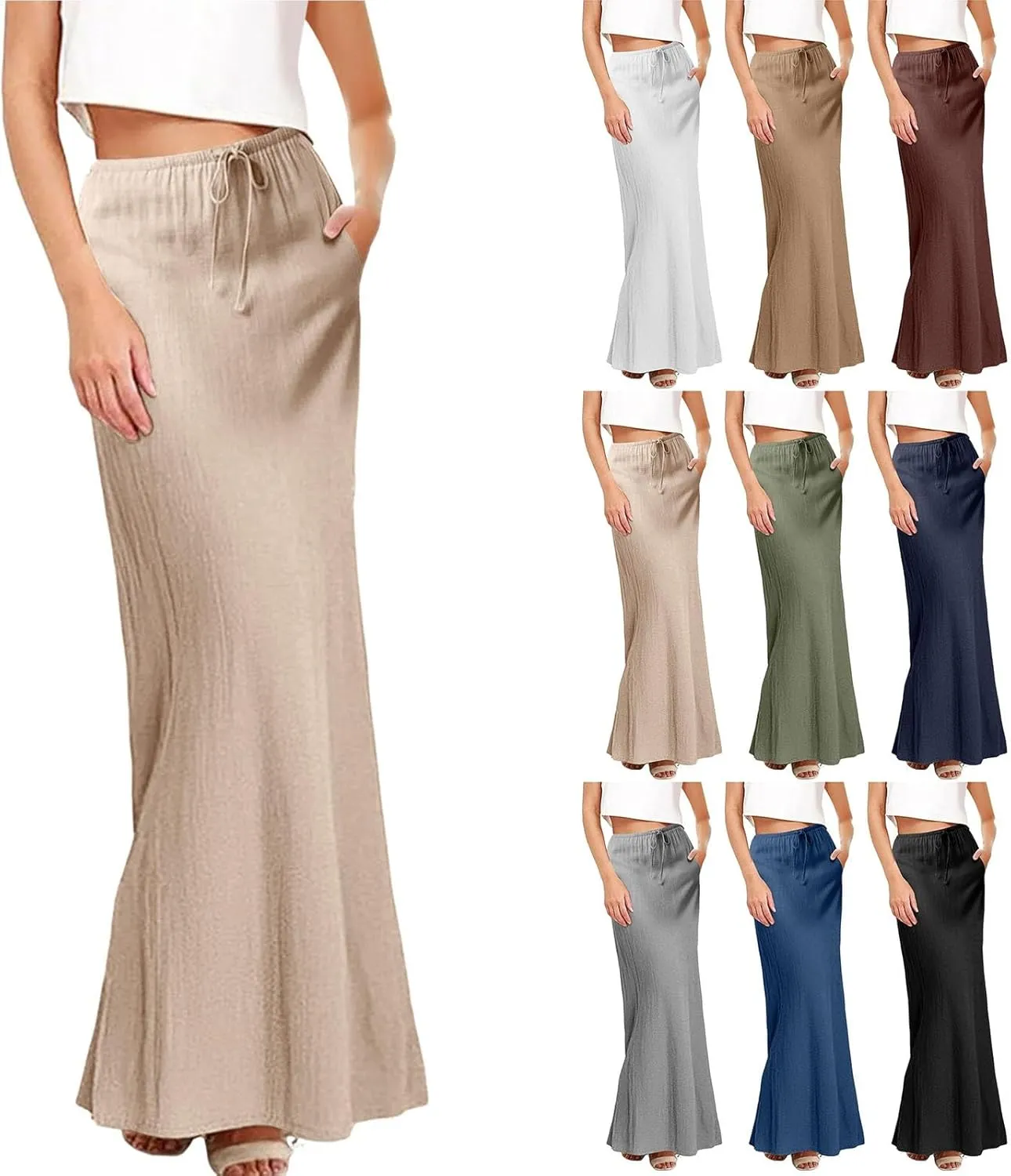 Summer Skirts for Women 2025 Casual Linen Maxi Skirts A Line Dresses Drawstring Waist Boho Long Flowy Skirt
