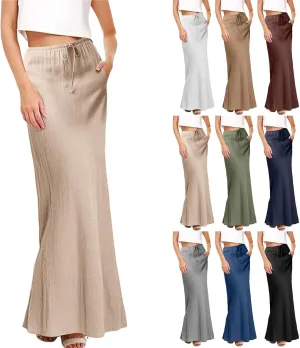 Summer Skirts for Women 2025 Casual Linen Maxi Skirts A Line Dresses Drawstring Waist Boho Long Flowy Skirt