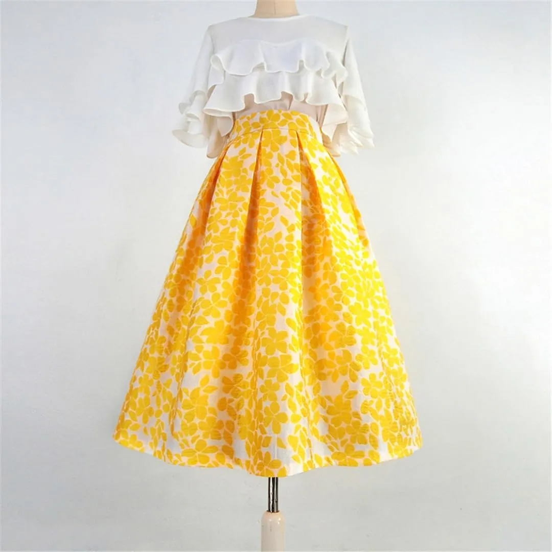 Summer Women Korean Vintage Elegant Midi Skirt Yellow Floral Embroidery High Waist Long Skirts