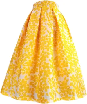 Summer Women Korean Vintage Elegant Midi Skirt Yellow Floral Embroidery High Waist Long Skirts