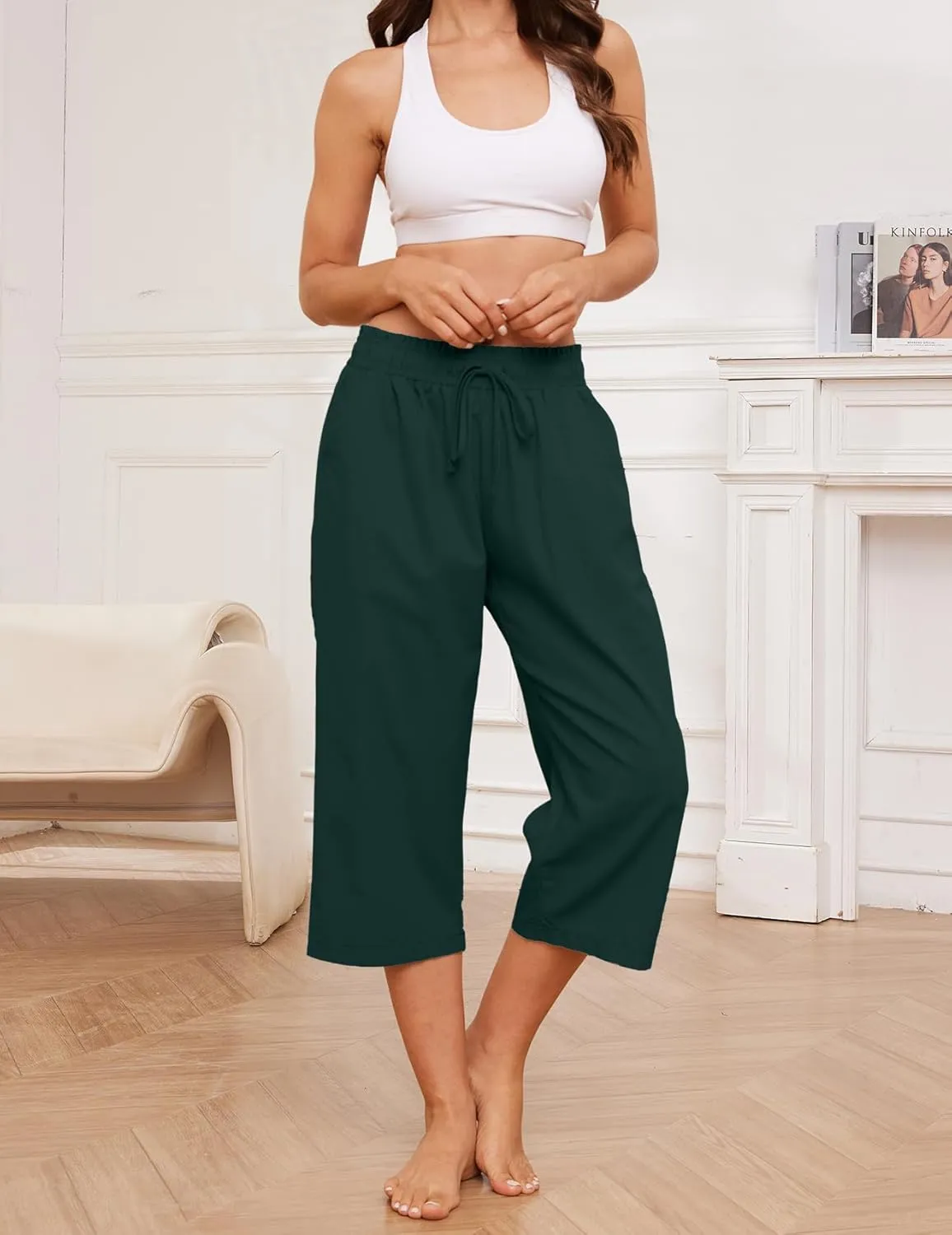 Summer Women's Casual Capri Pants Baggy Lounge Drawstring Pants Plus Size Wide Leg Croped Pants with Pockets