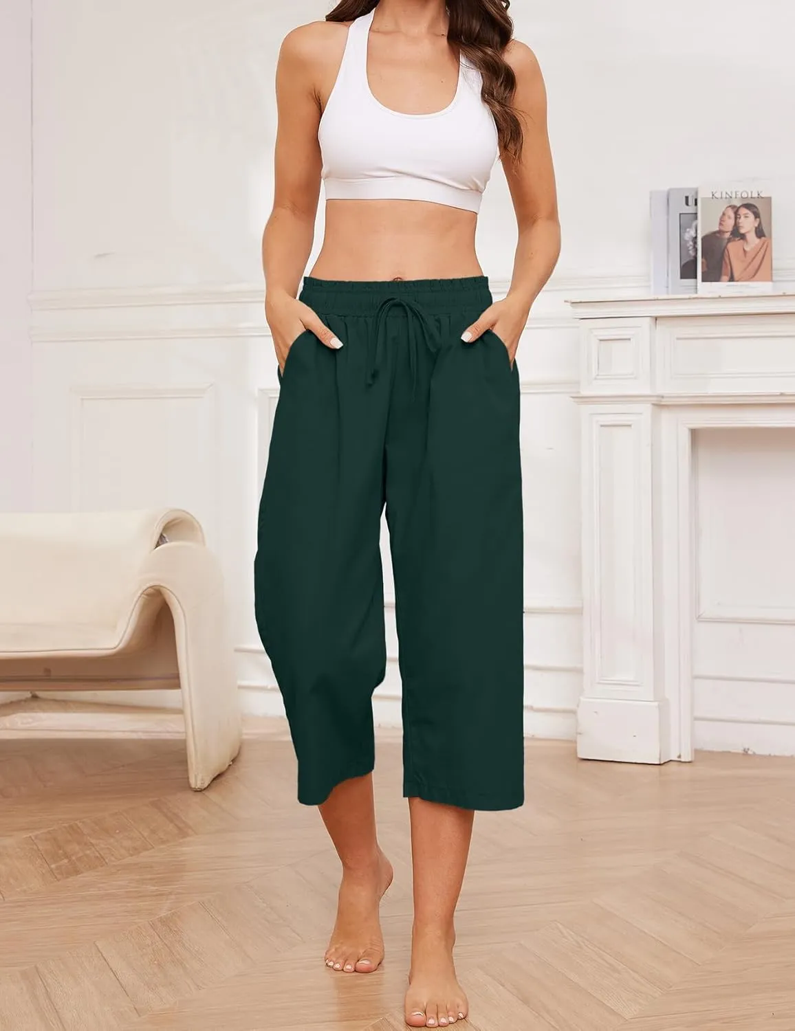 Summer Women's Casual Capri Pants Baggy Lounge Drawstring Pants Plus Size Wide Leg Croped Pants with Pockets