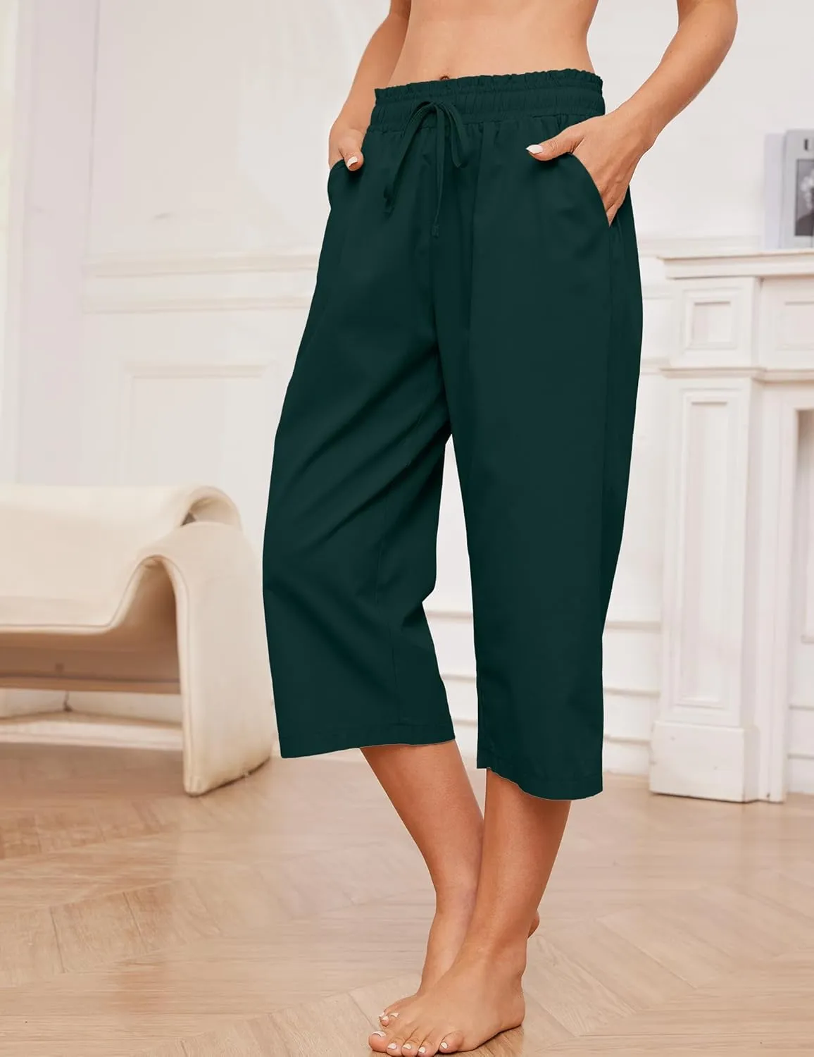 Summer Women's Casual Capri Pants Baggy Lounge Drawstring Pants Plus Size Wide Leg Croped Pants with Pockets