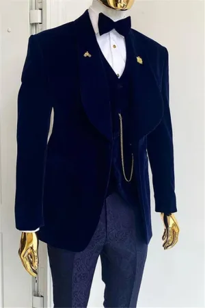Suzhoufashion Ifechukwu Navy Blue Three Pieces Jacquard Wedding Groom Suits