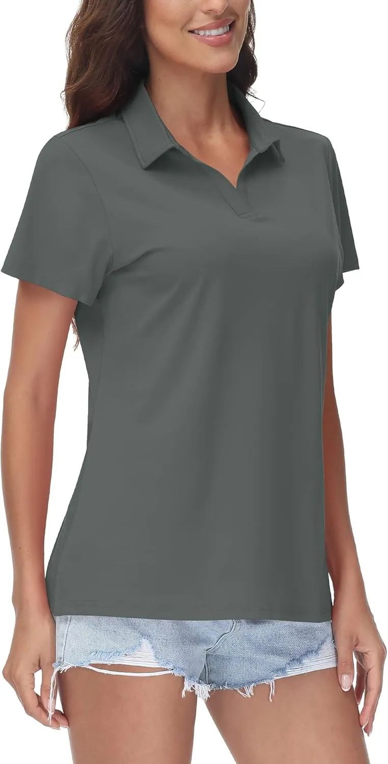 TACVASEN Women's V-Neck Polo Shirts UPF 50  Short Sleeve Sun Protection Quick Dry Golf Polos Collared Shirt