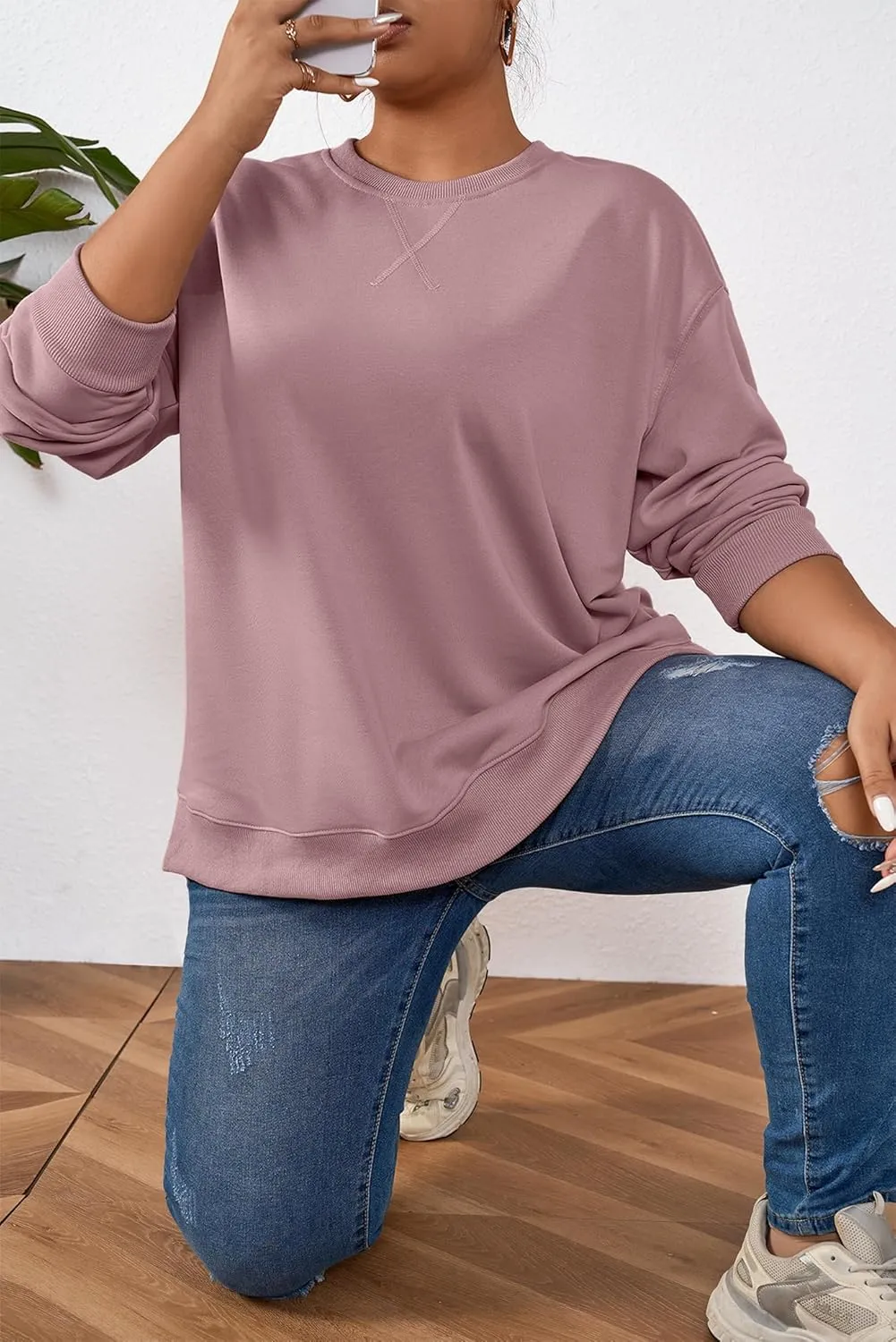 TAKEYAL Plus Size Sweatshirt for Women Oversized Casual Crew Neck Drop Shoulder Pullover Teen Girls Clothes