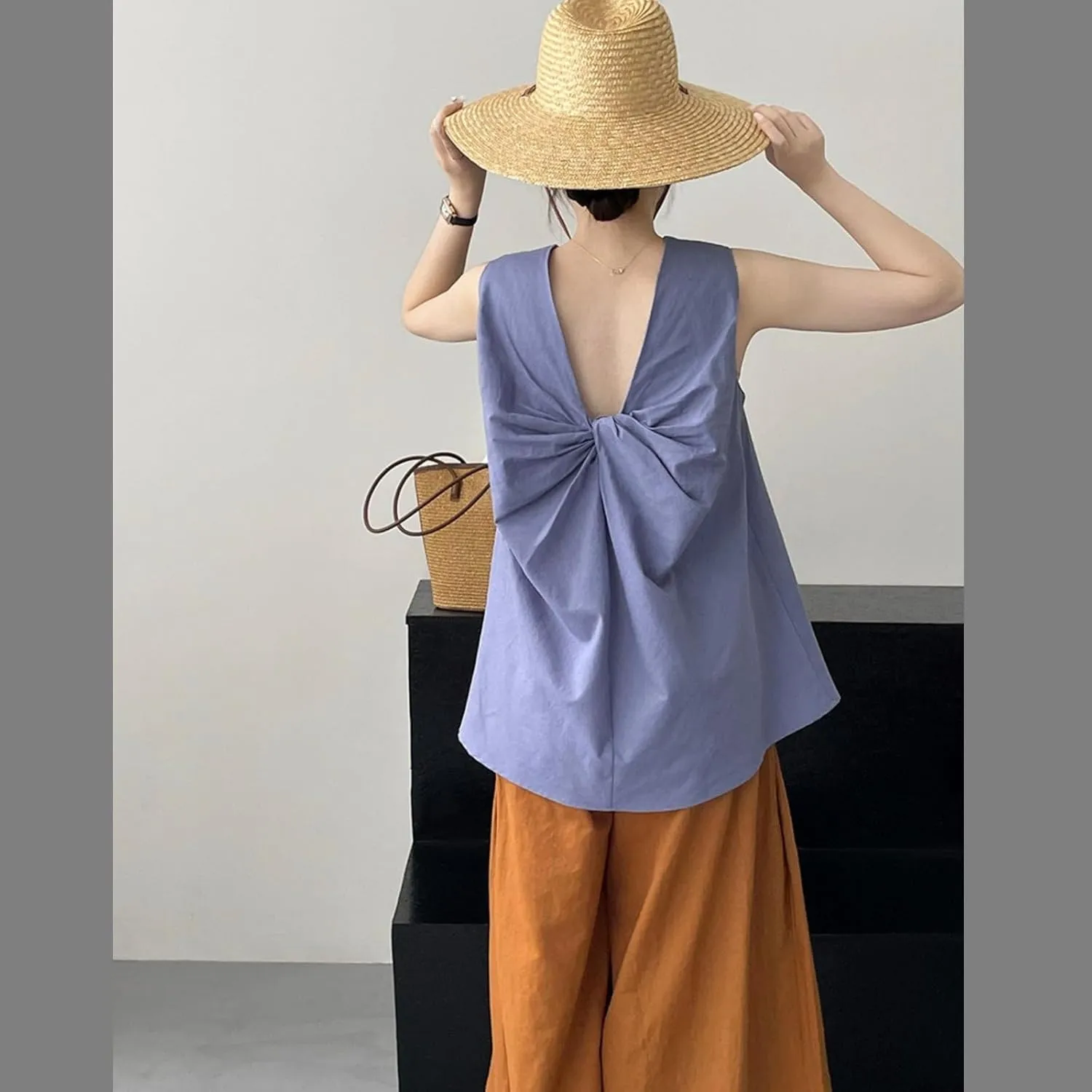 Tank top for Women, Slim Fit Breathable Twisted Back Cotton Linen Sleeveless Loose Mid Length Camisole