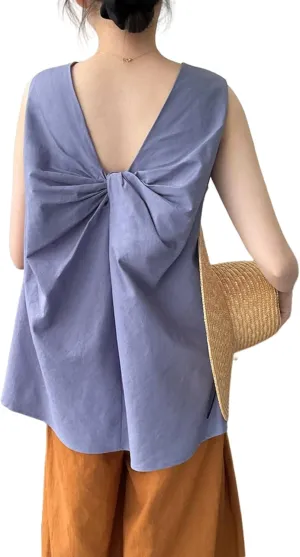 Tank top for Women, Slim Fit Breathable Twisted Back Cotton Linen Sleeveless Loose Mid Length Camisole