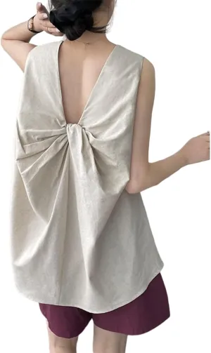 Tank top for Women, Slim Fit Breathable Twisted Back Cotton Linen Sleeveless Loose Mid Length Camisole
