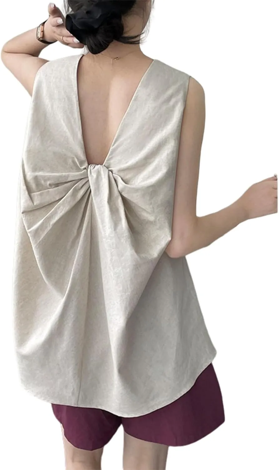 Tank top for Women, Slim Fit Breathable Twisted Back Cotton Linen Sleeveless Loose Mid Length Camisole