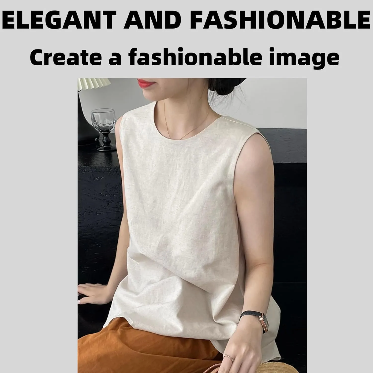 Tank top for Women, Slim Fit Breathable Twisted Back Cotton Linen Sleeveless Loose Mid Length Camisole