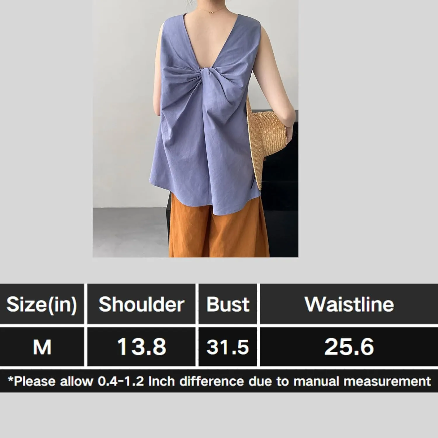 Tank top for Women, Slim Fit Breathable Twisted Back Cotton Linen Sleeveless Loose Mid Length Camisole