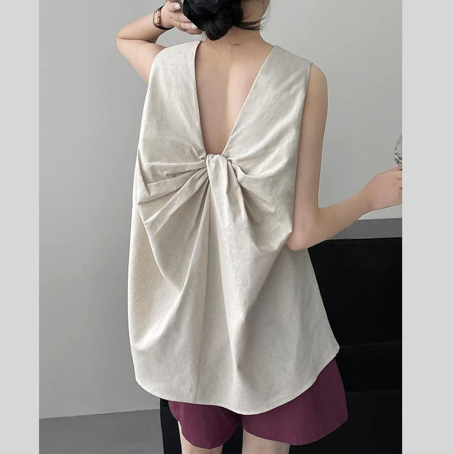 Tank top for Women, Slim Fit Breathable Twisted Back Cotton Linen Sleeveless Loose Mid Length Camisole