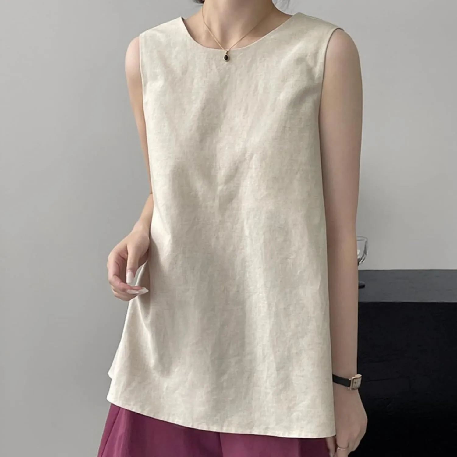Tank top for Women, Slim Fit Breathable Twisted Back Cotton Linen Sleeveless Loose Mid Length Camisole