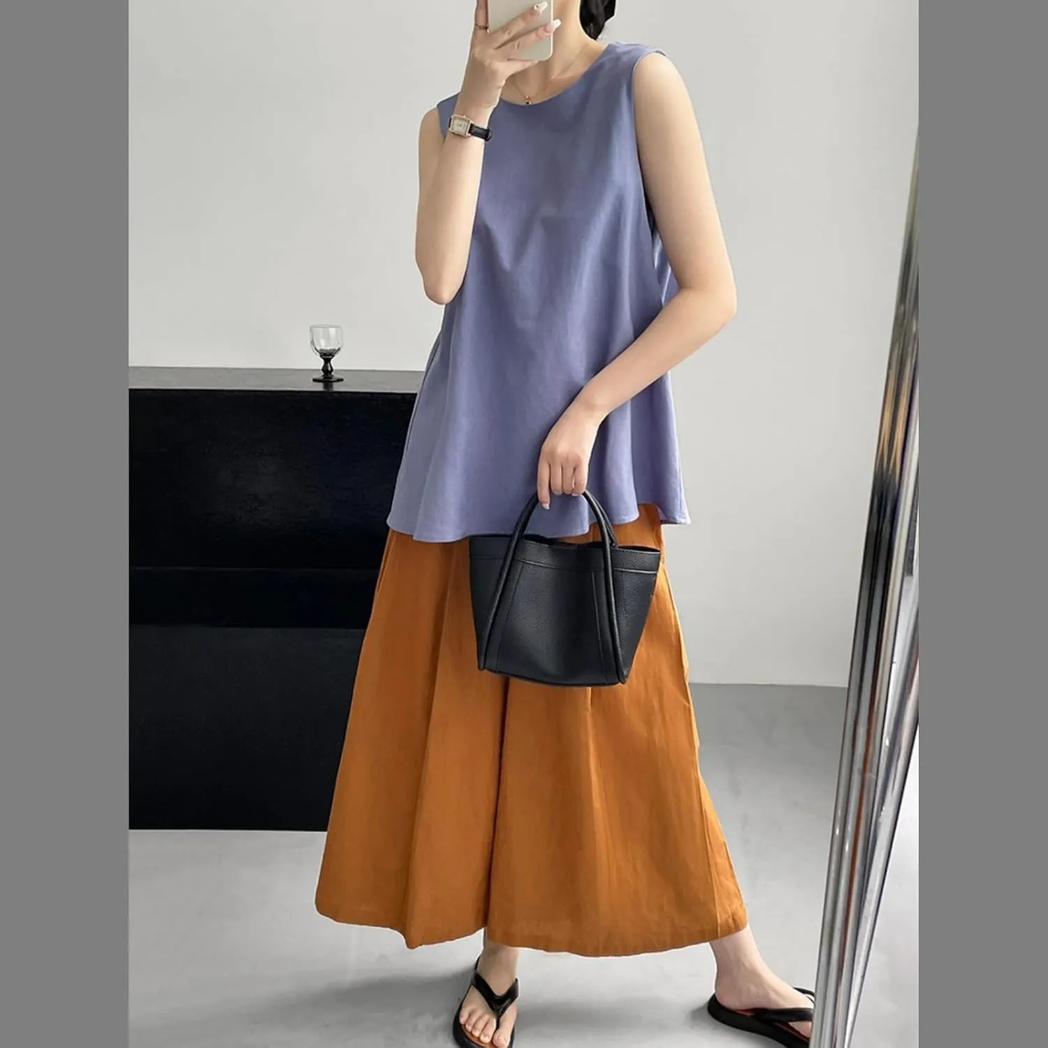 Tank top for Women, Slim Fit Breathable Twisted Back Cotton Linen Sleeveless Loose Mid Length Camisole