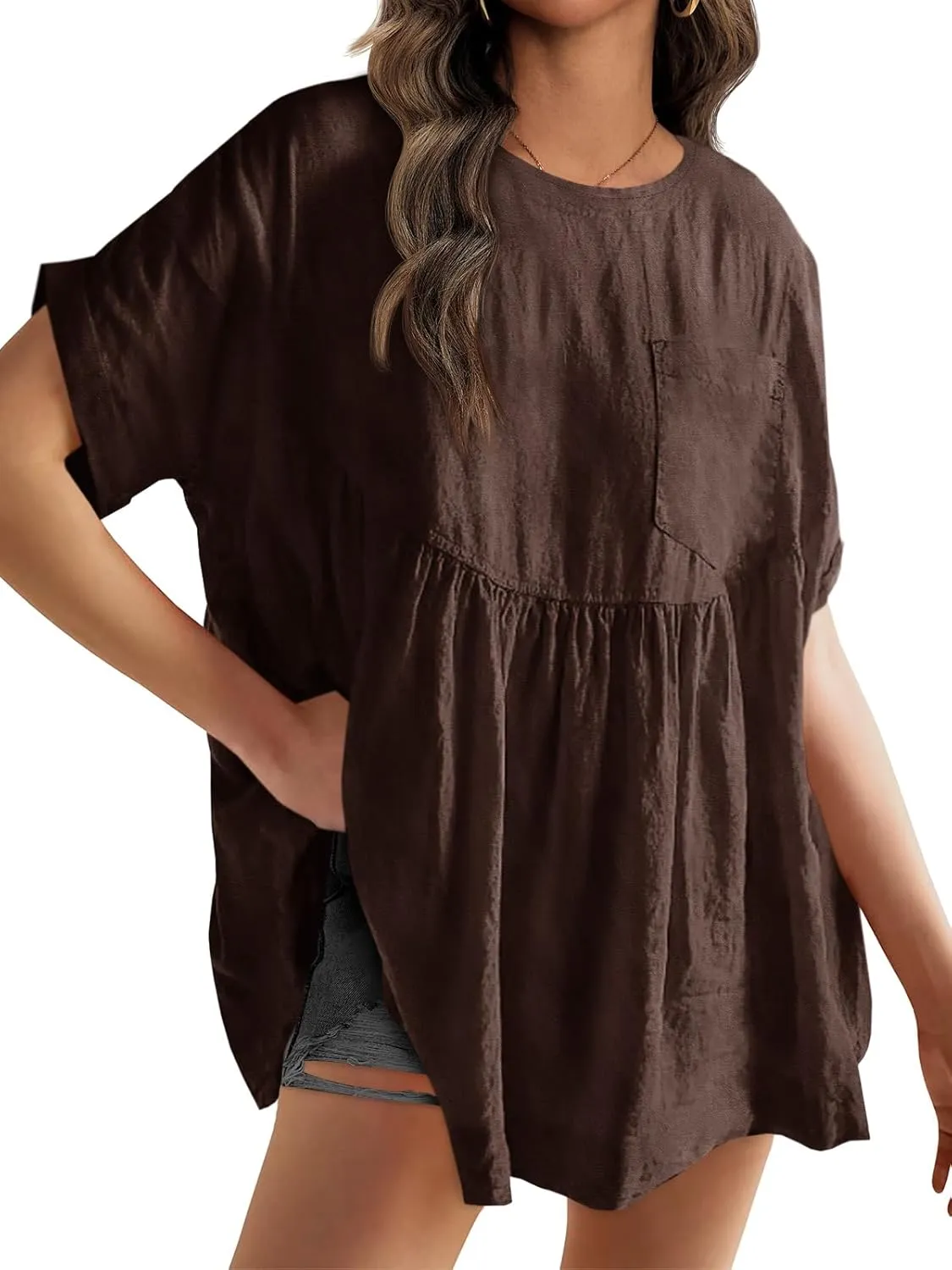 Tankaneo Womens Summer Babydoll Tops Casual Loose Fit Peplum Oversized Tunic Shirts