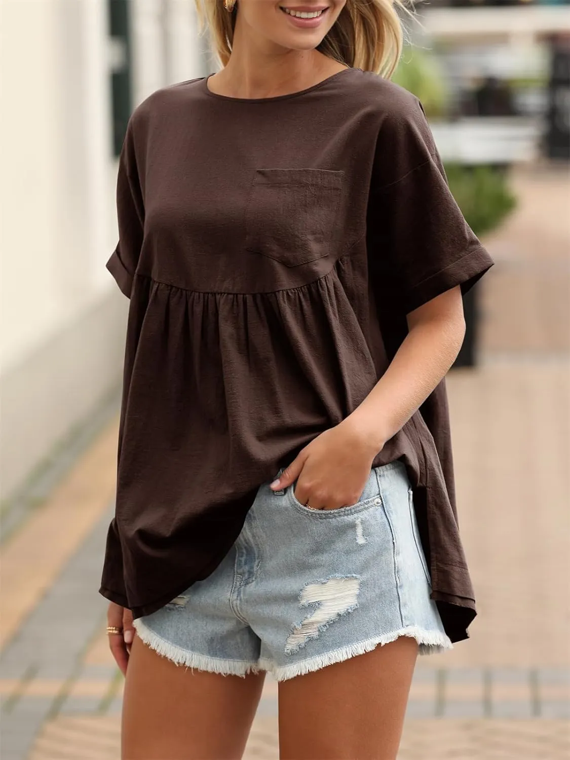 Tankaneo Womens Summer Babydoll Tops Casual Loose Fit Peplum Oversized Tunic Shirts