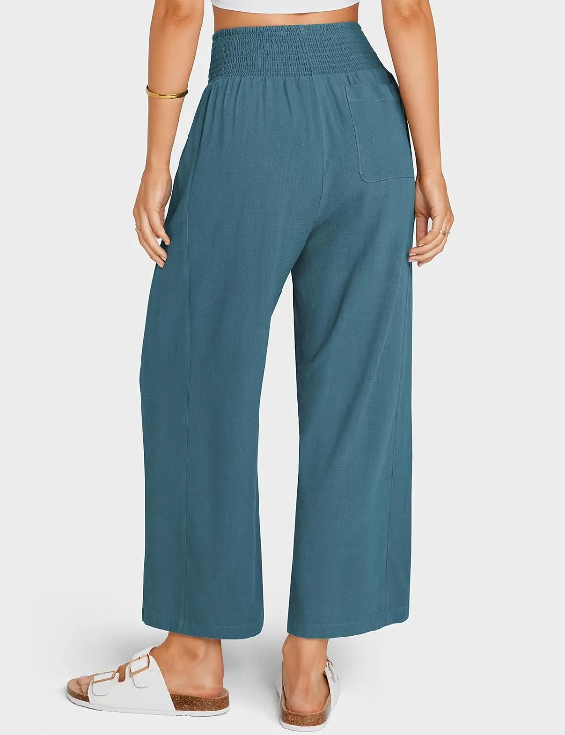 TARSE Women Linen Pants Wide Leg Elastic High Waisted Palazzo Trousers Casual Loose Beach Vacation Clothes with Pockets
