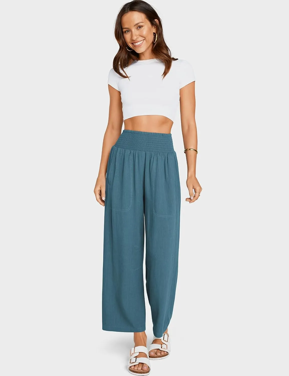 TARSE Women Linen Pants Wide Leg Elastic High Waisted Palazzo Trousers Casual Loose Beach Vacation Clothes with Pockets