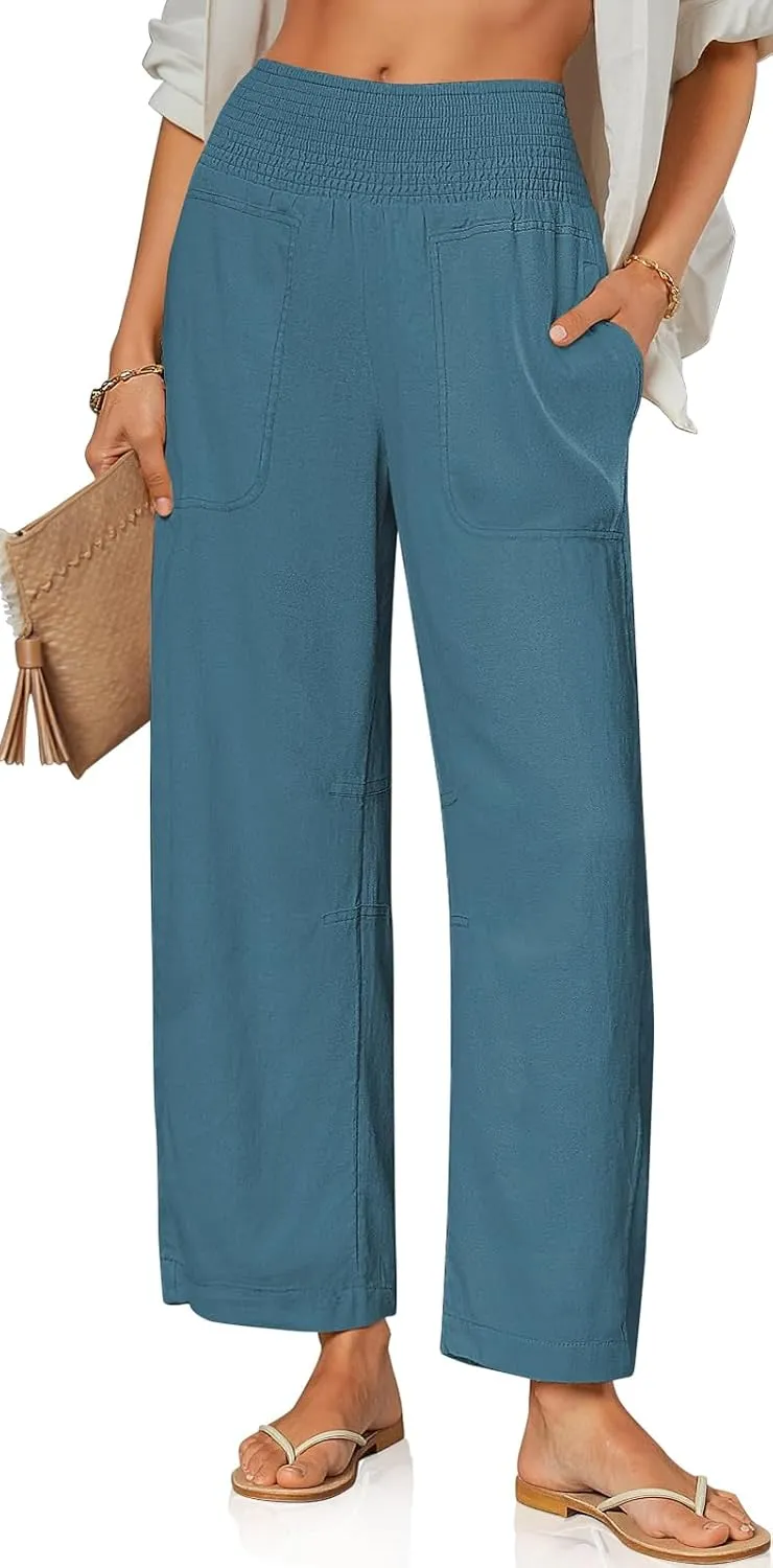 TARSE Women Linen Pants Wide Leg Elastic High Waisted Palazzo Trousers Casual Loose Beach Vacation Clothes with Pockets