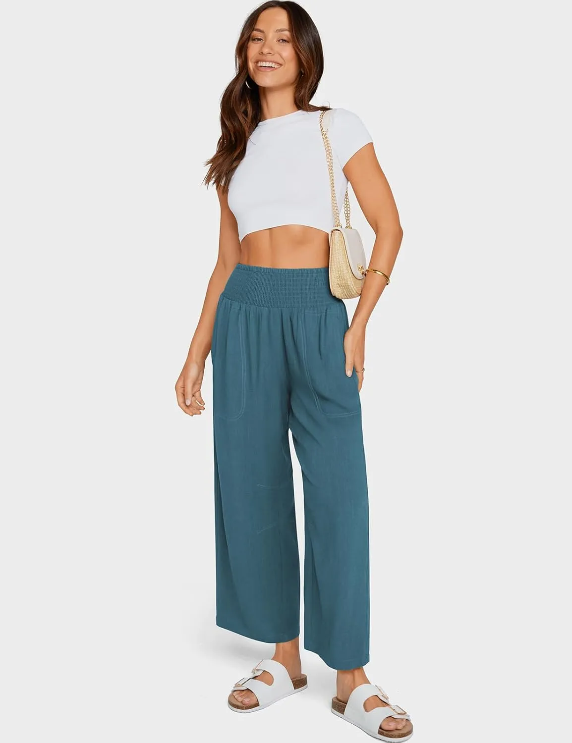 TARSE Women Linen Pants Wide Leg Elastic High Waisted Palazzo Trousers Casual Loose Beach Vacation Clothes with Pockets