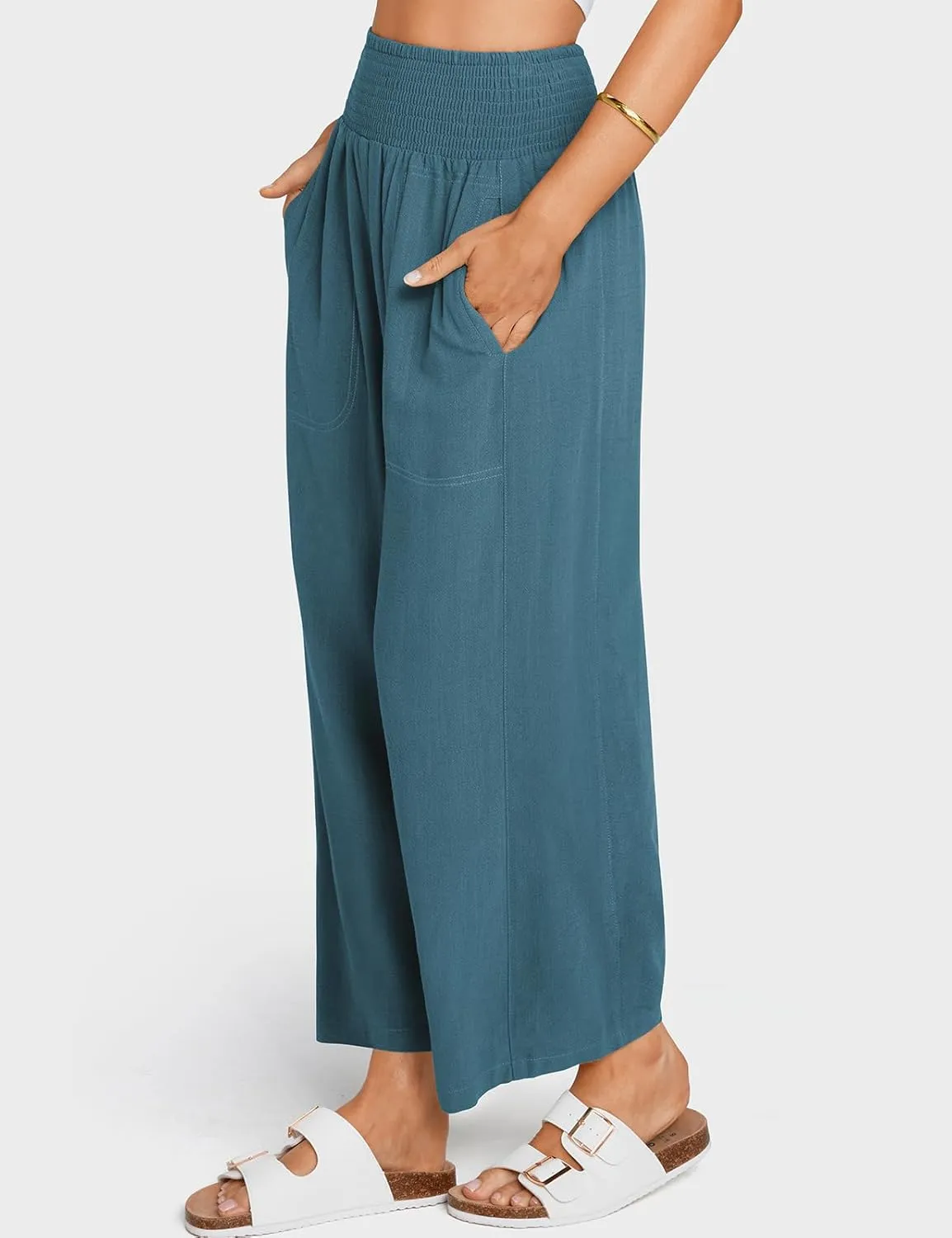 TARSE Women Linen Pants Wide Leg Elastic High Waisted Palazzo Trousers Casual Loose Beach Vacation Clothes with Pockets
