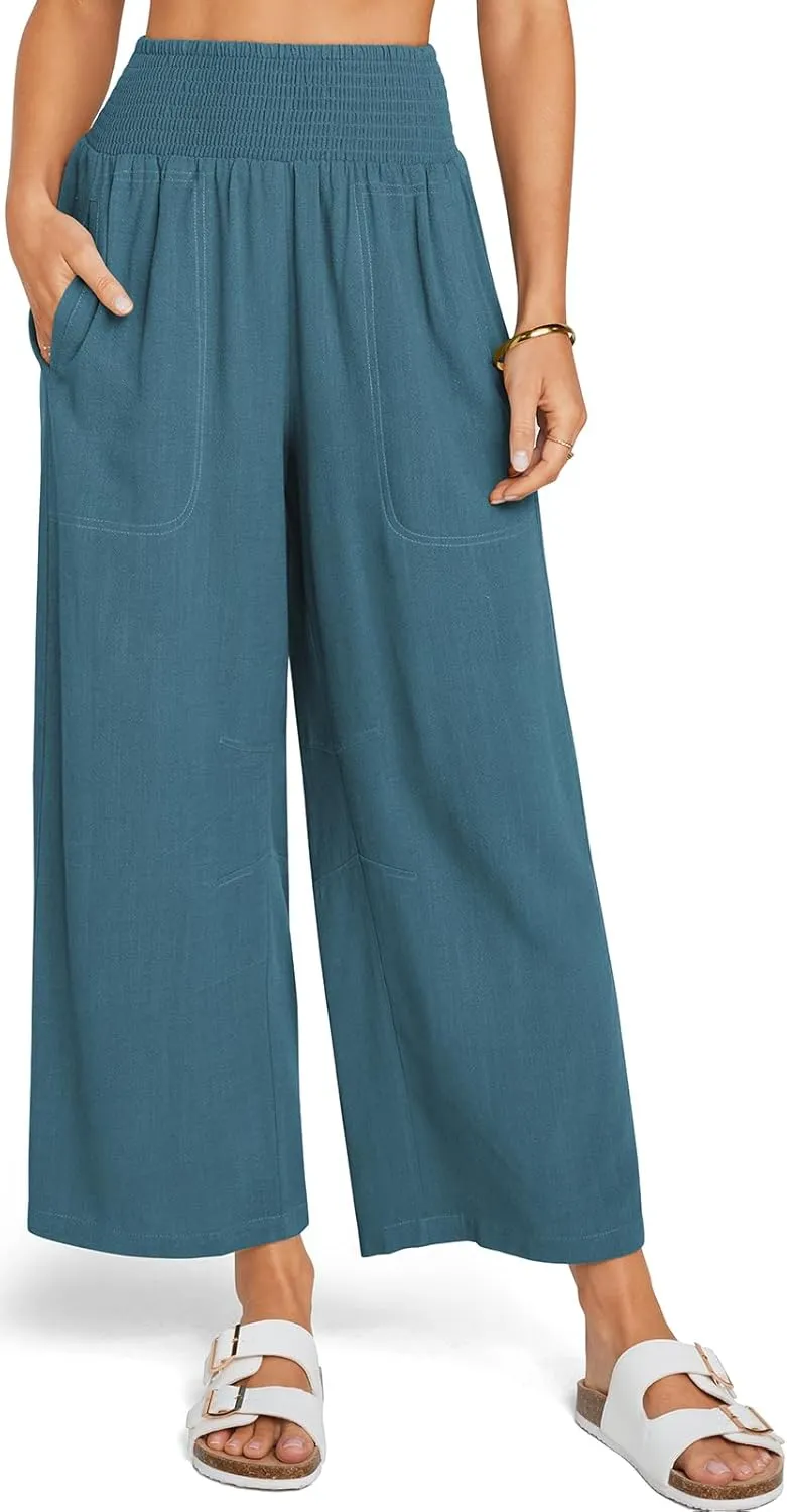 TARSE Women Linen Pants Wide Leg Elastic High Waisted Palazzo Trousers Casual Loose Beach Vacation Clothes with Pockets