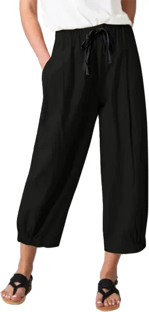 TBA Women's Casual Pants Summer Wide Leg Capris Drawstring Elastic High Waist Cotton Cropped Trousers with Pockets Black