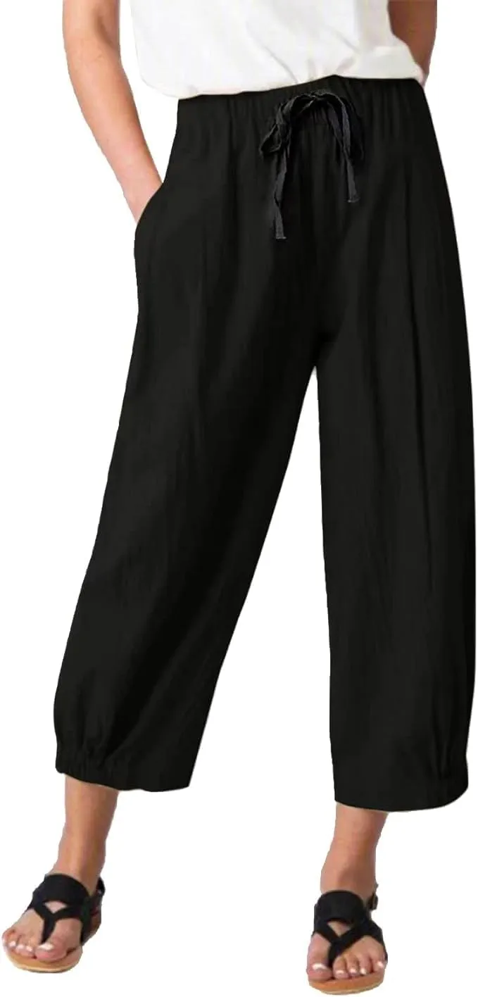 TBA Women's Casual Pants Summer Wide Leg Capris Drawstring Elastic High Waist Cotton Cropped Trousers with Pockets Black
