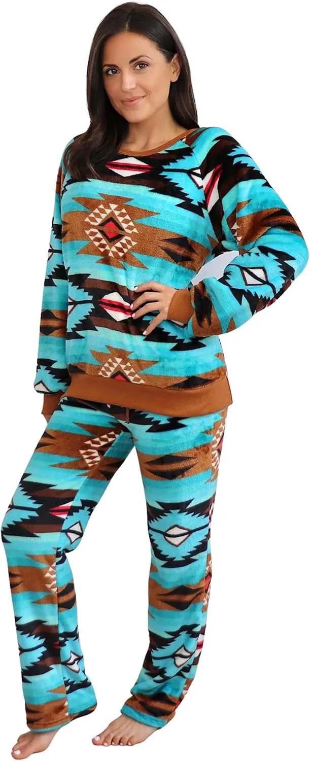 TrailCrest Womens Fleece Comfy Aztec Lounge Set, Long Sleeve 2 Piece Velour Crewneck Pajamas