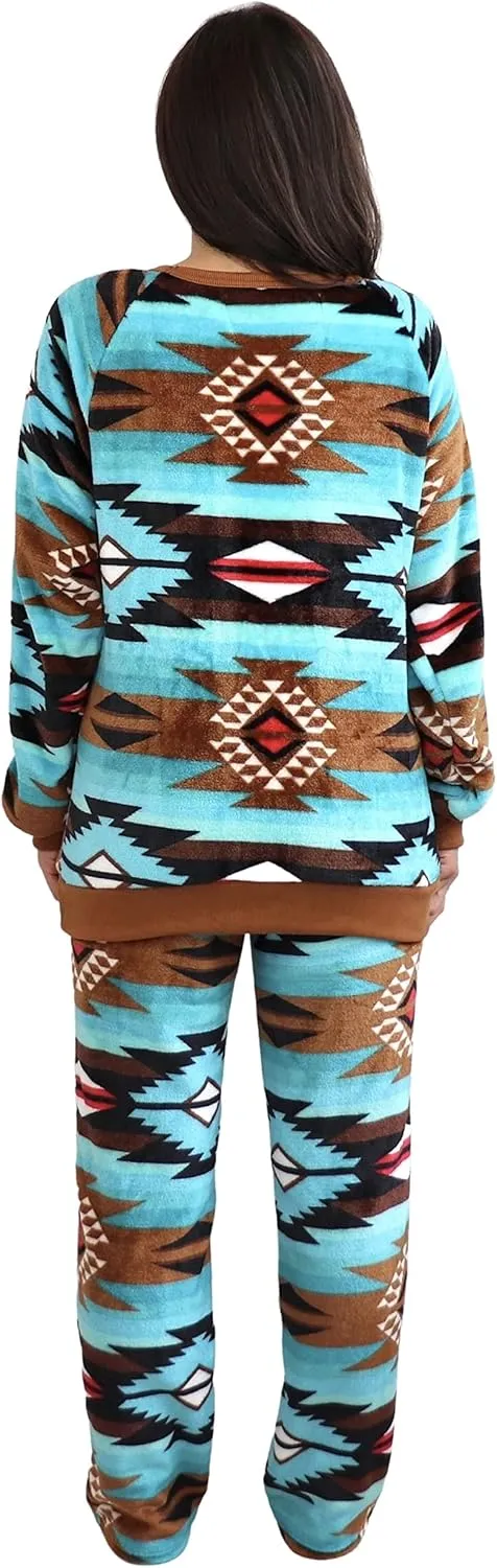 TrailCrest Womens Fleece Comfy Aztec Lounge Set, Long Sleeve 2 Piece Velour Crewneck Pajamas
