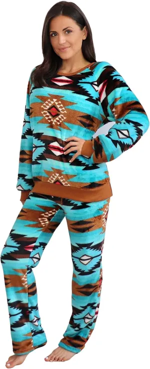 TrailCrest Womens Fleece Comfy Aztec Lounge Set, Long Sleeve 2 Piece Velour Crewneck Pajamas