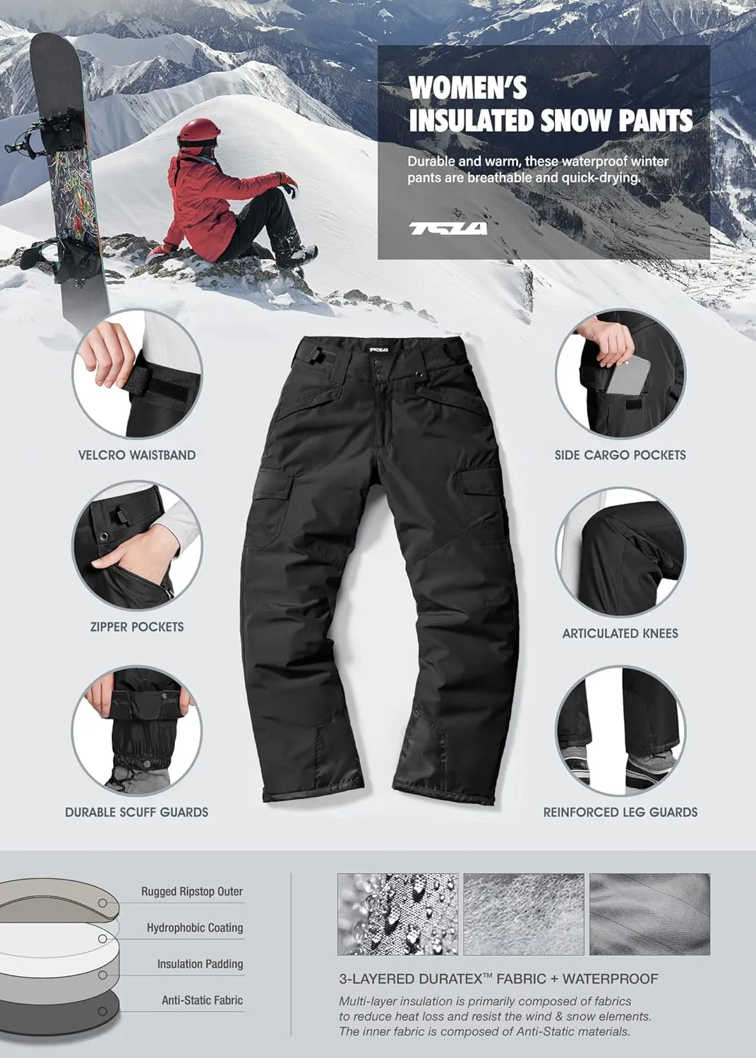 TSLA Women's Winter Snow Pants, Waterproof Insulated Ski Pants, Ripstop Snowboard Bottoms