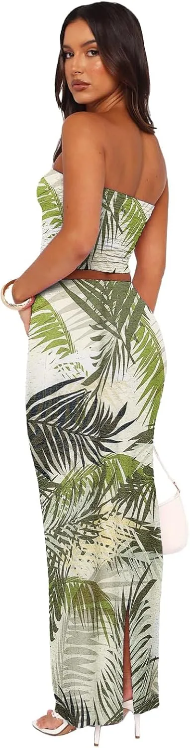 Two Piece Dress Outfits for Women Sleeveless Tube Tops Bodycon Maxi Dress Summer Strapless Crop Top Sexy Suits Set