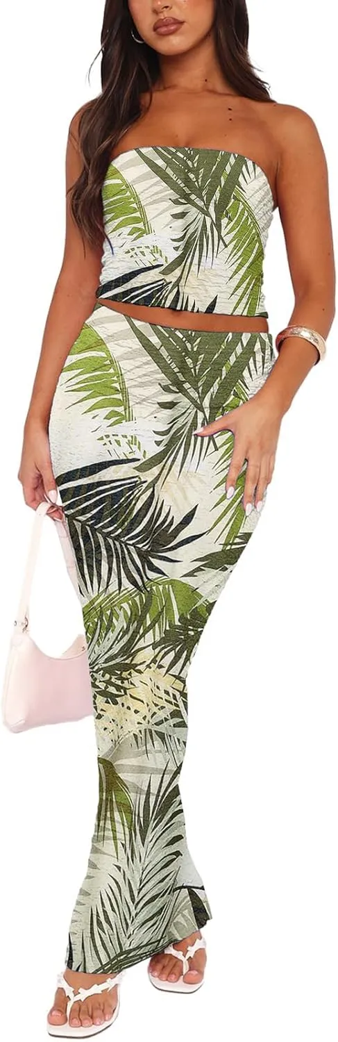 Two Piece Dress Outfits for Women Sleeveless Tube Tops Bodycon Maxi Dress Summer Strapless Crop Top Sexy Suits Set