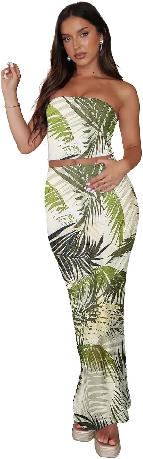 Two Piece Dress Outfits for Women Sleeveless Tube Tops Bodycon Maxi Dress Summer Strapless Crop Top Sexy Suits Set
