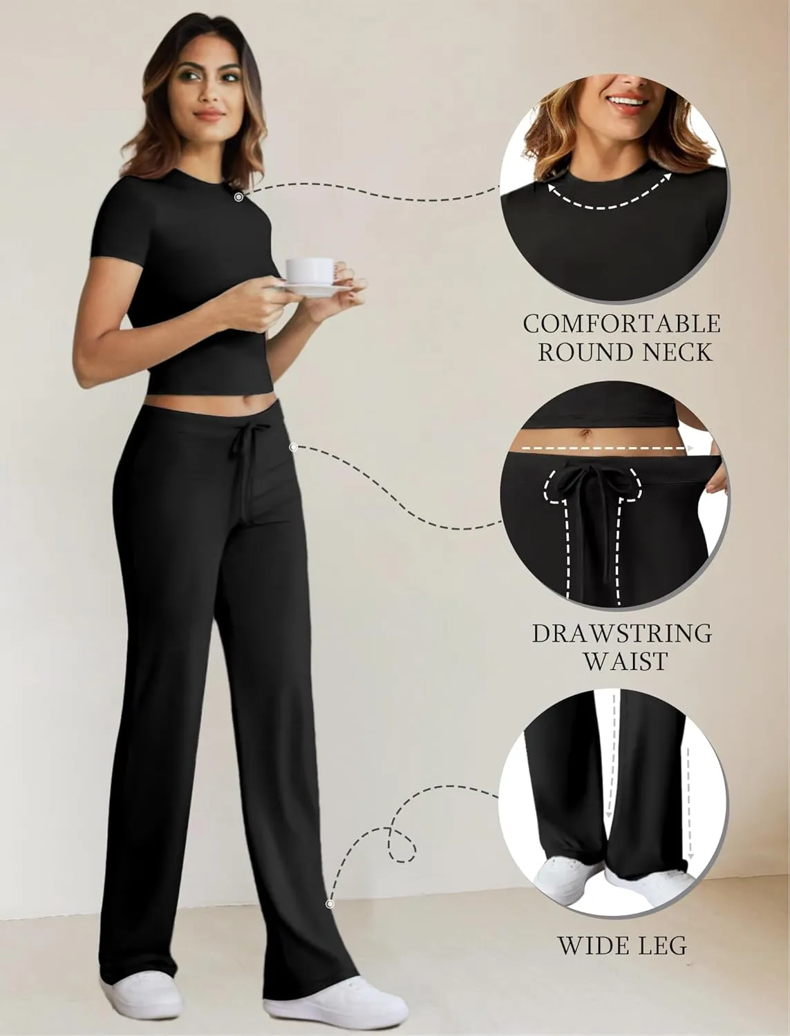 Two Piece Lounge Sets for Women Wide Leg Pants Short Sleeve Crop Tops Y2k Matching Sets Travel Outfits