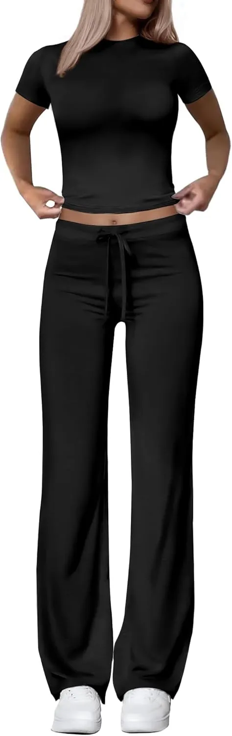 Two Piece Lounge Sets for Women Wide Leg Pants Short Sleeve Crop Tops Y2k Matching Sets Travel Outfits