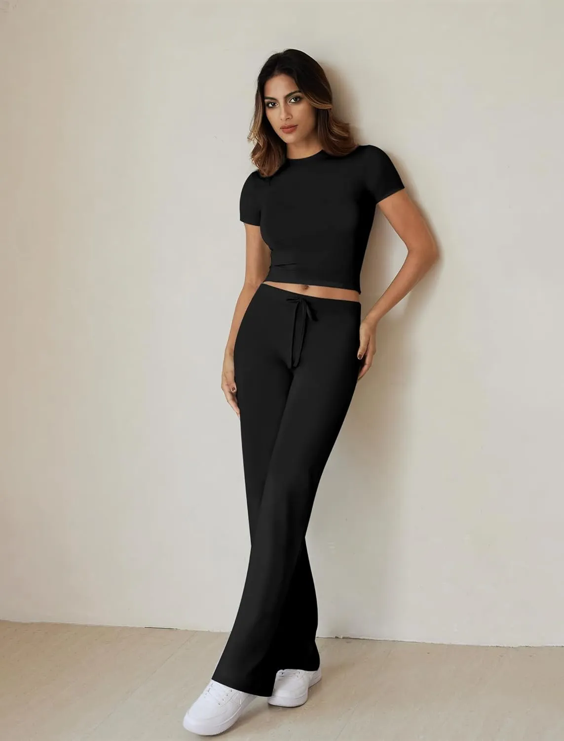 Two Piece Lounge Sets for Women Wide Leg Pants Short Sleeve Crop Tops Y2k Matching Sets Travel Outfits