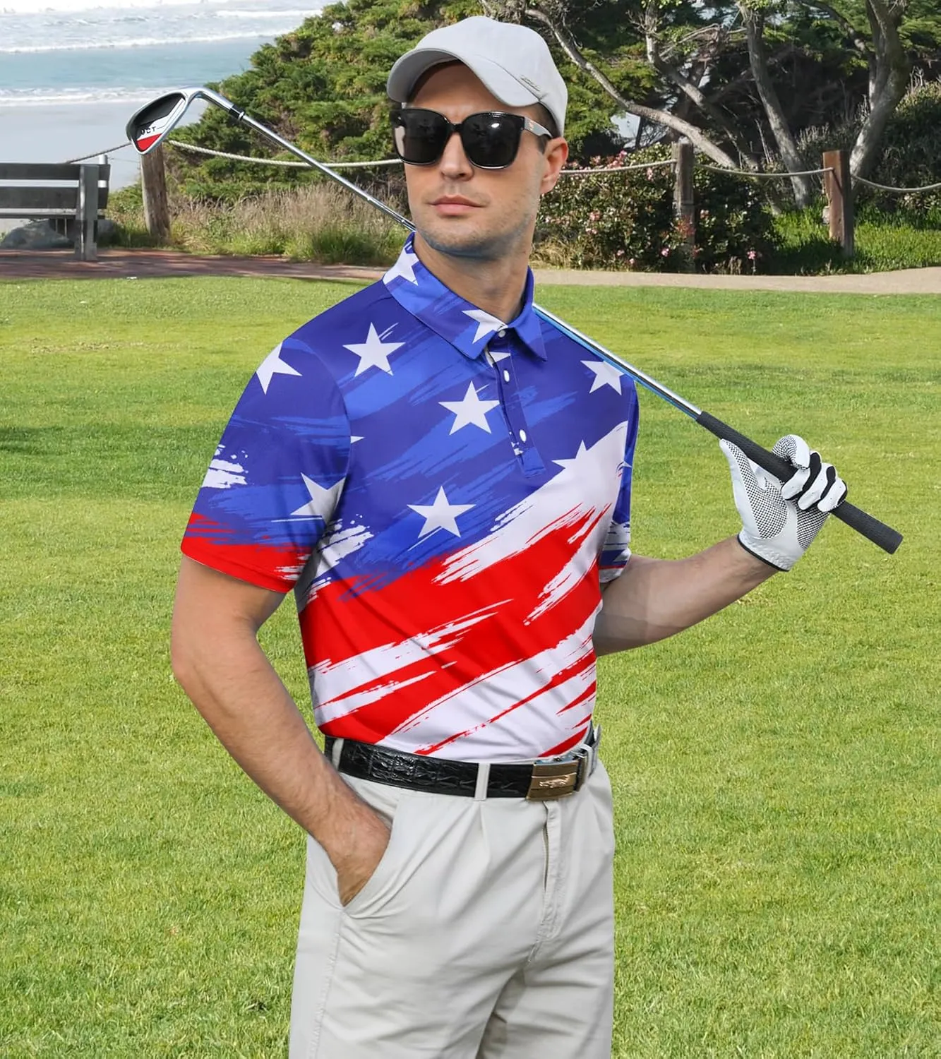 uideazone Mens Golf Shirt Dry Fit Athletic Polo Shirts Moisture Wicking Performance 3D Print Short Sleeve