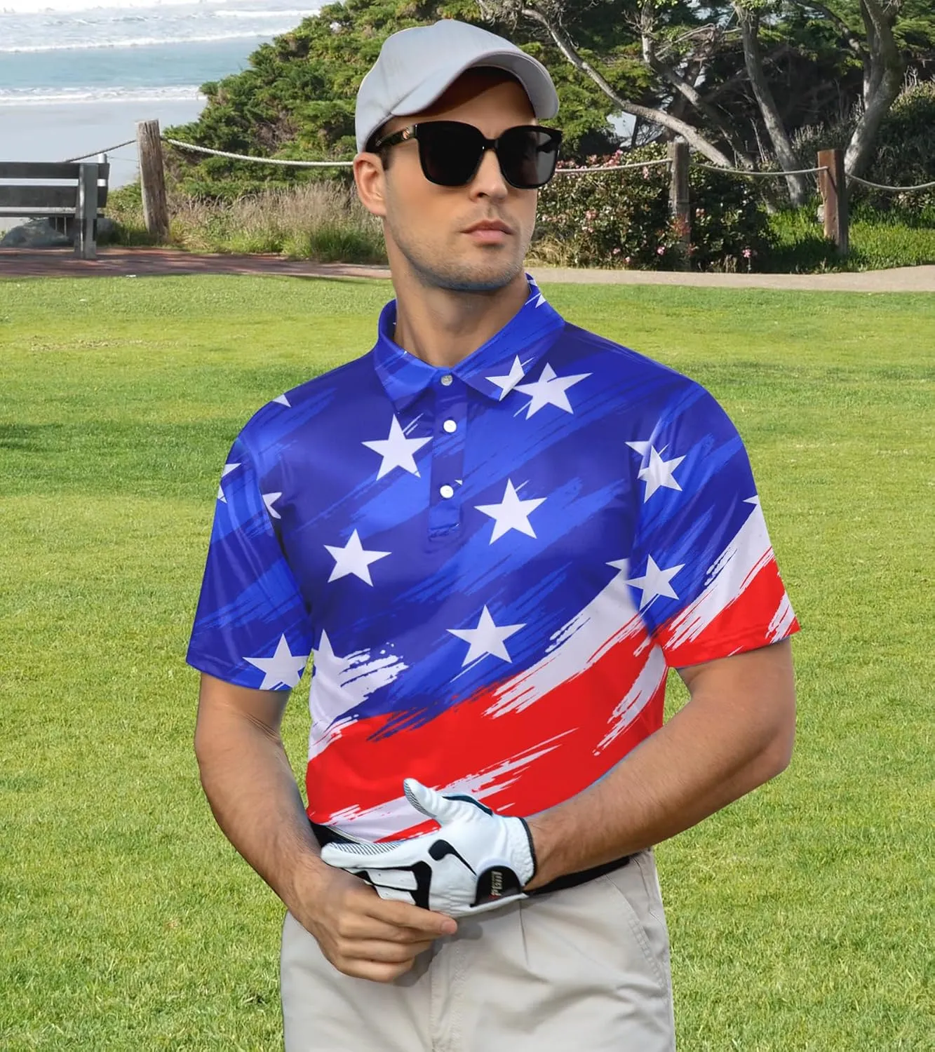 uideazone Mens Golf Shirt Dry Fit Athletic Polo Shirts Moisture Wicking Performance 3D Print Short Sleeve