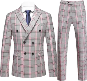 UNINUKOO Men's Suits 2 Piece Plaid Double Breasted Slim Fit Checkered Wedding Casual Homecoming Tuxedo Jacket Dress Pants Set